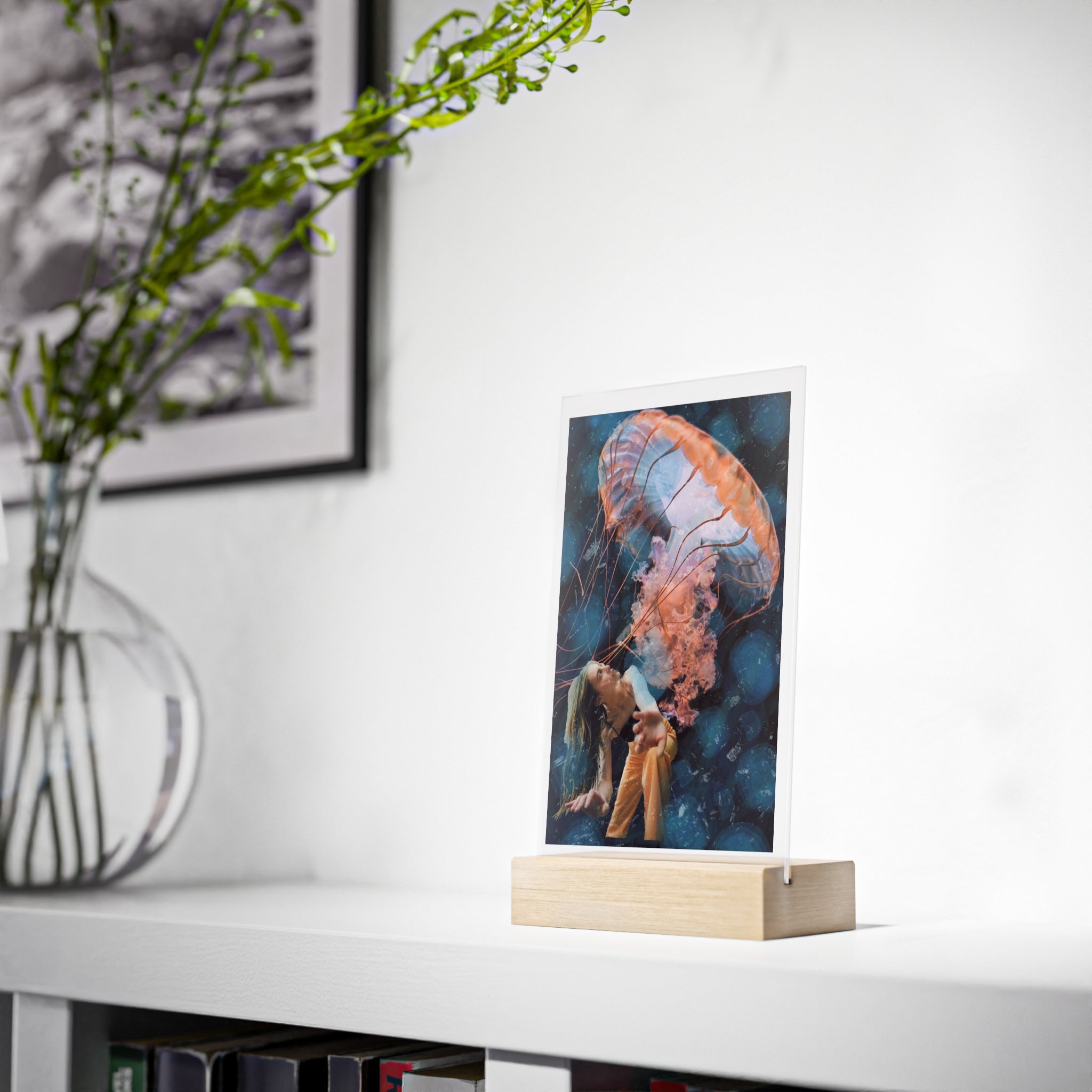 Raining Jellyfish - Acrylic Sign with Wooden Stand